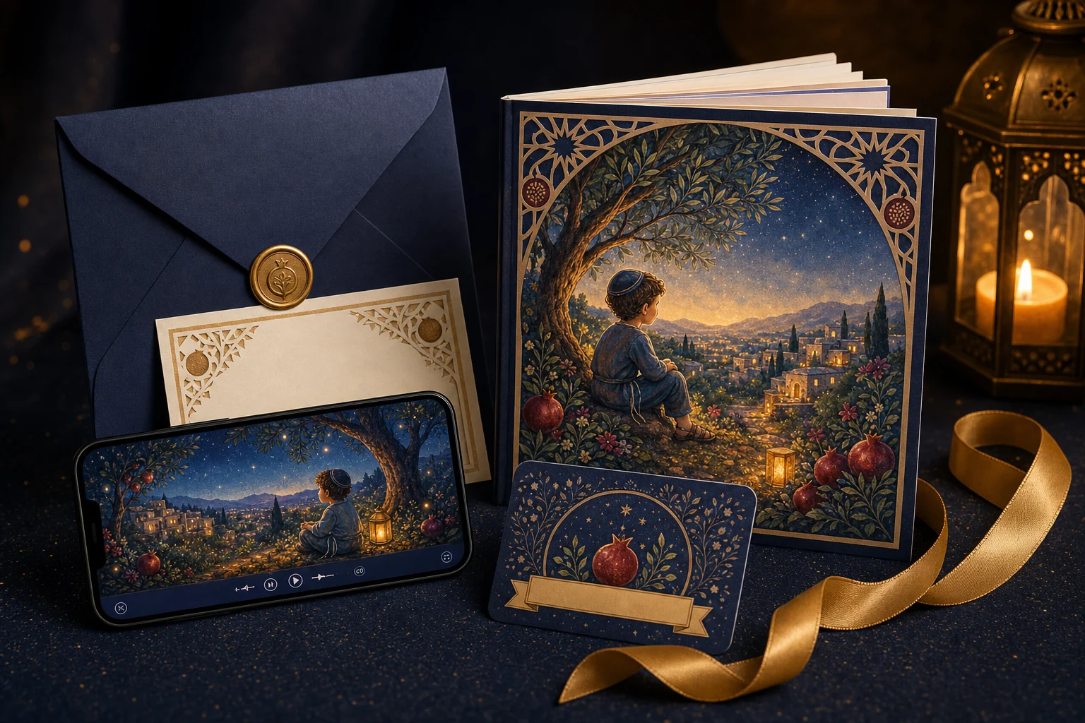 A complete Shalom Tales gift with softcover book, invitation, gift card, and online reader