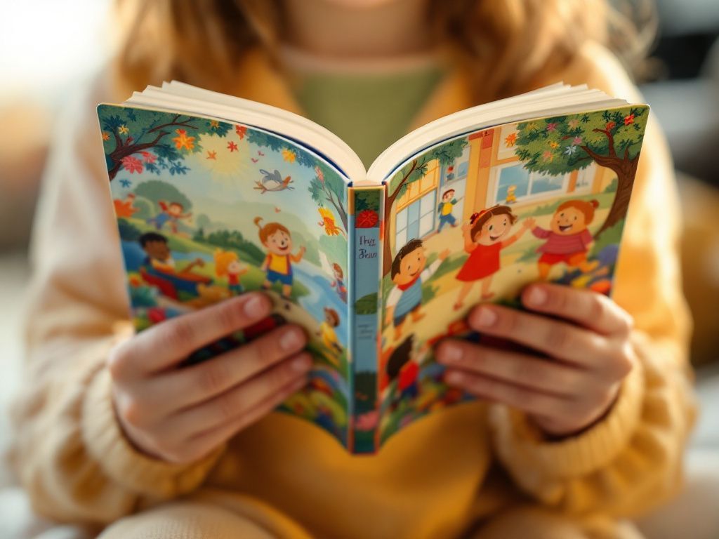 A child's hands holding an open printed Shalom Tales book