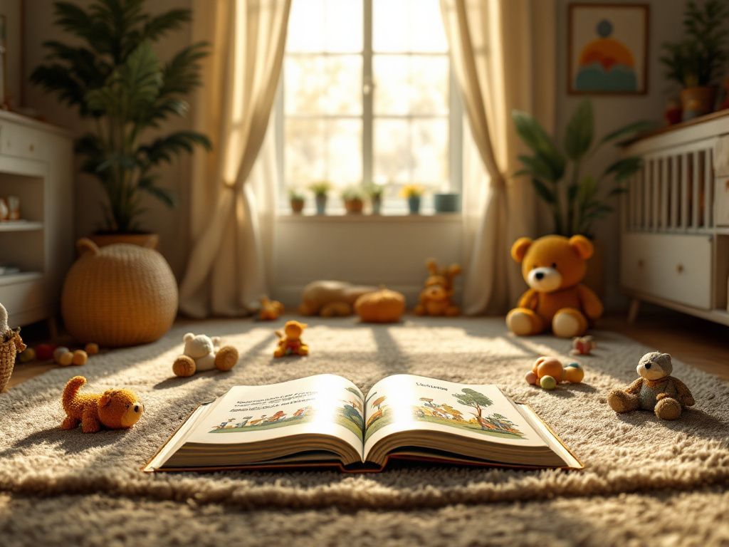 An open printed Shalom Tales book with toys around it